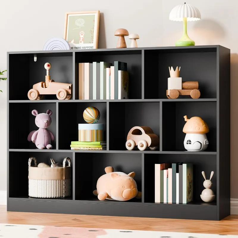 Black Bookshelf, 3-Tier Open Shelf Bookcase, 10 Cube Storage Organizer with Anti-Tilt Device, Freestanding Horizonta