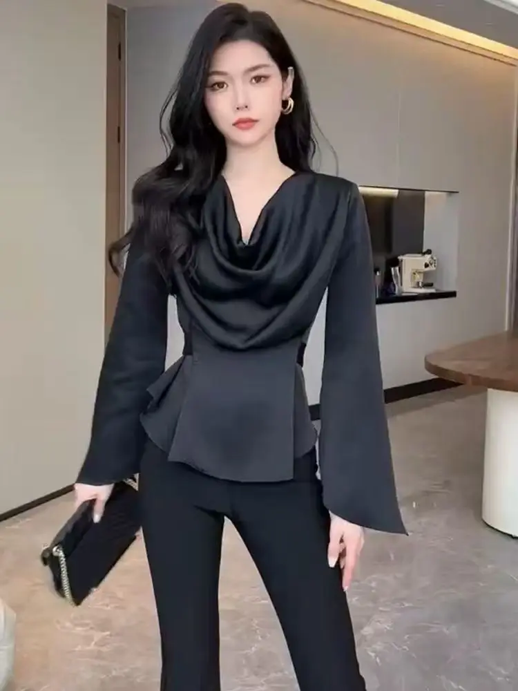 2025 Spring and Autumn High-end Temperament Long-sleeved Shirt French Niche Design Cold Wind Swinging Collar Chic Top
