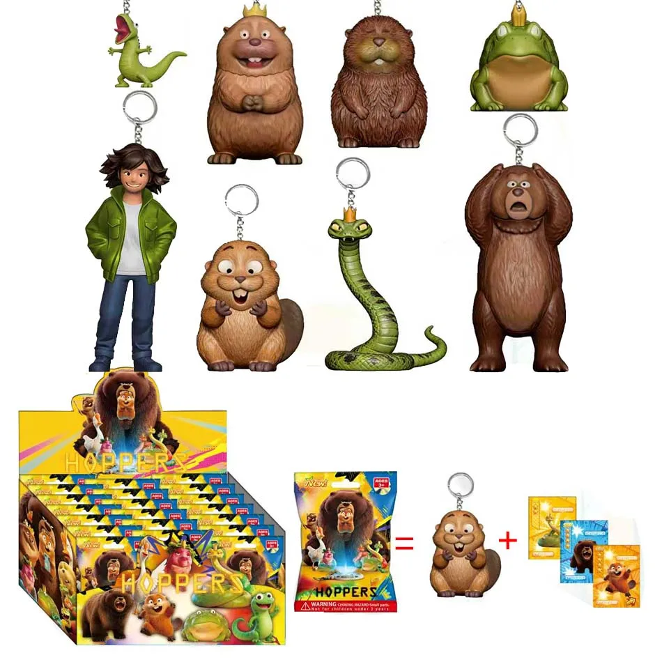 Lot de 8 porte-clés mystère Hoppers personnages de dessins animés, figurines PVC serpent roi, grenouille, castor, ours, cadeau de collection pour enfants