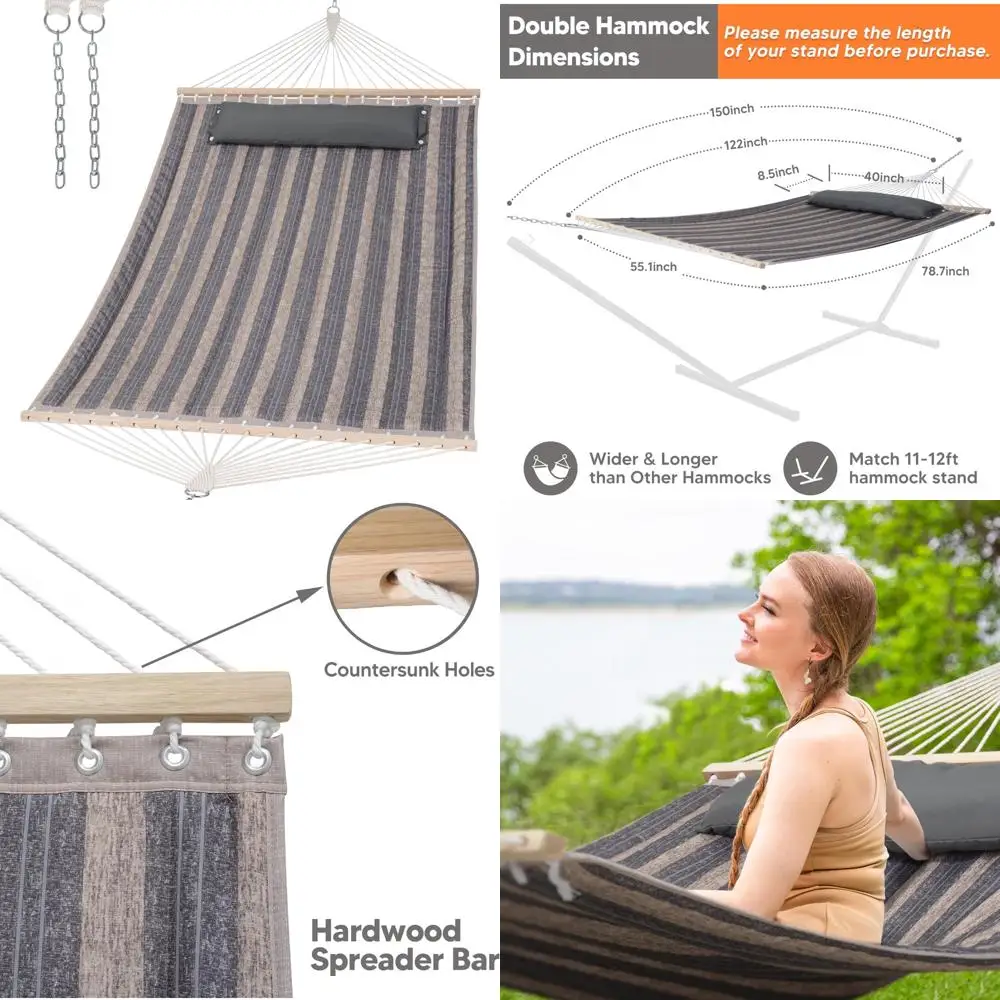 

Double Layered Quilted Hammock with Hardwood Spreader Bar, Soft Pillow, Heavy Duty for 2, Ideal for Indoor and Outdoor Use