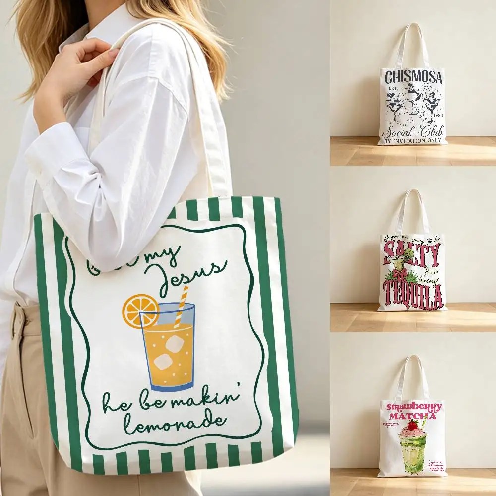 INS Drinking Canvas Tote Bag Waterproof Lining Large Capacity Reusable Shopping Bags Casual Student Daily Handbag