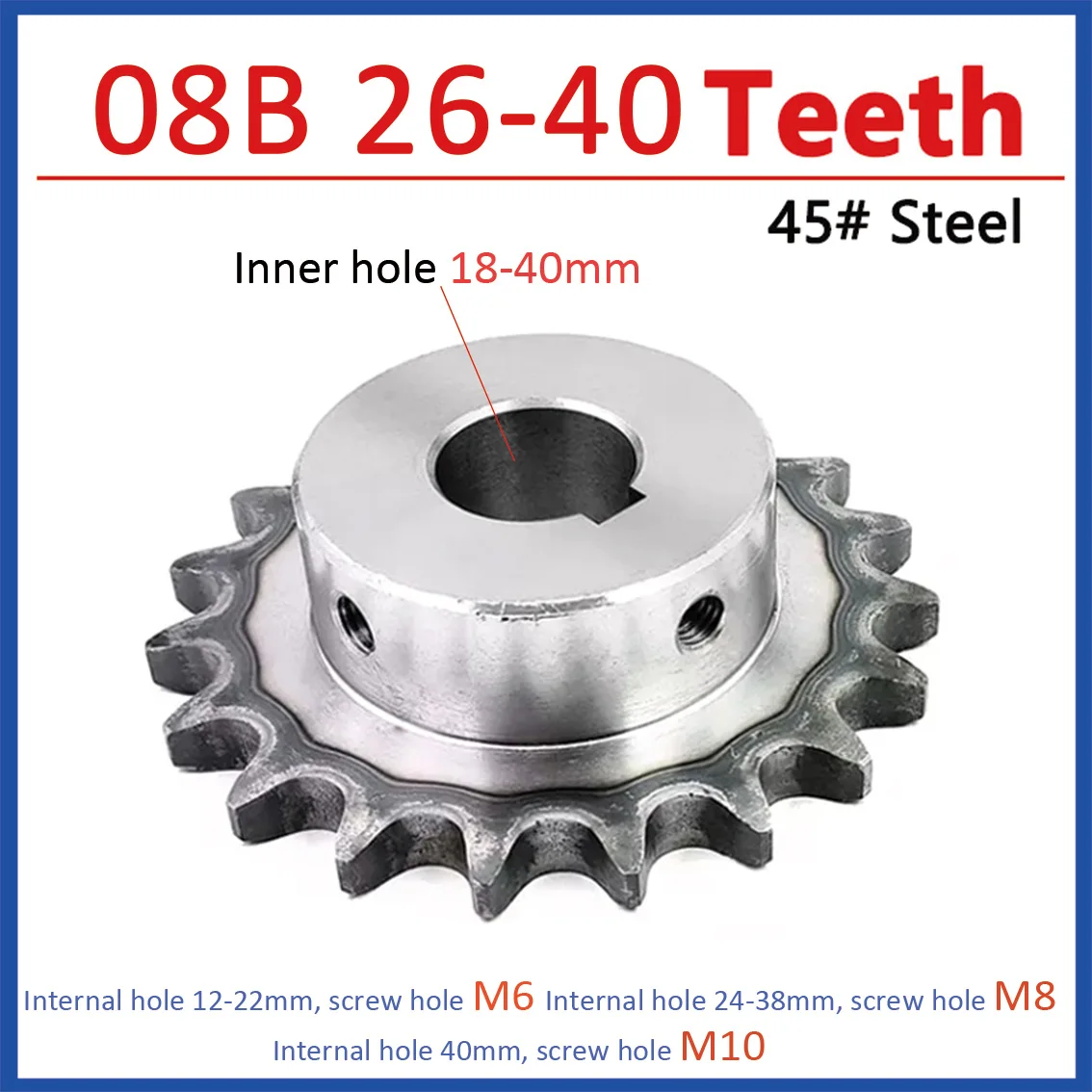 1pc 26-40 Teeth 08B Chain Gear 45# Steel 18mm-40mm Bore Industrial Sprocket Wheel Motor Chain Drive Sprocket Tooth Pitch 12.7mm