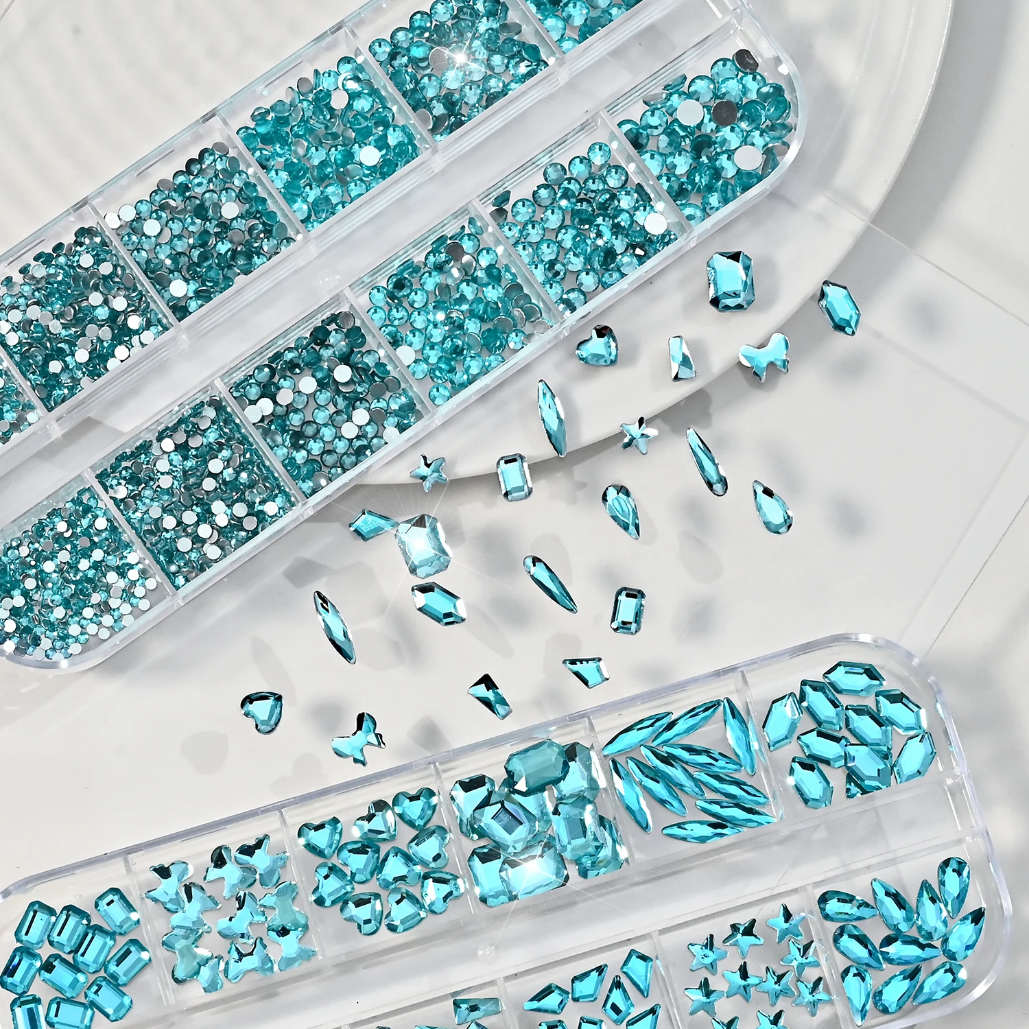 2Boxes Lake Blue Gems Nail Rhinestones 3D Mixed Size Round Crystal Multi Shape Flatback Crystal Nail Diamond Luxury Nail Jewels