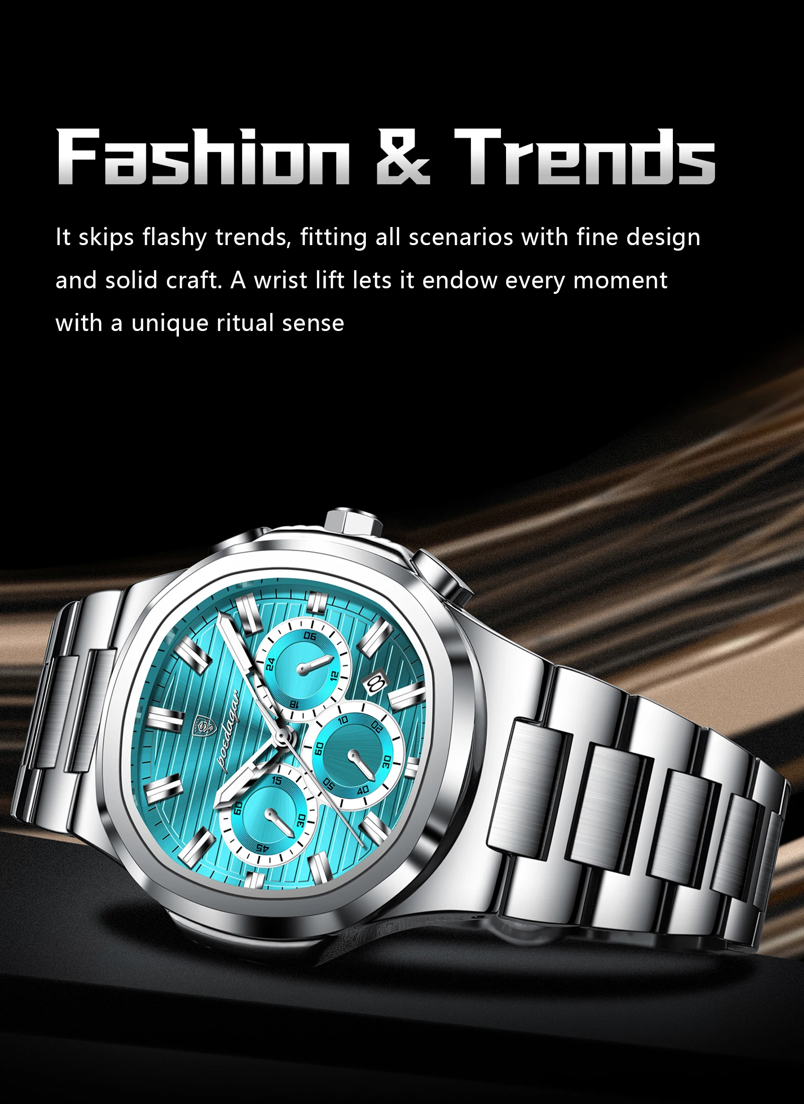 POEDAGAR Top Business Herrenuhr Leuchtend Wasserdicht Edelstahl Herren Armbanduhr Chronograph Datum Quarz Mode Herrenuhren – Detail 5
