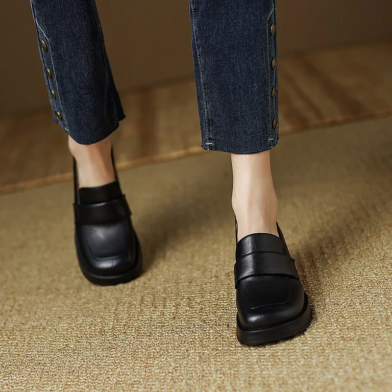 Nieuwe Mode Loafers Dikke Damesschoenen Bruin Leer Pumps Met Hoge Hakken Luxe Dameshak Platform Britse Stijl Damesschoenen