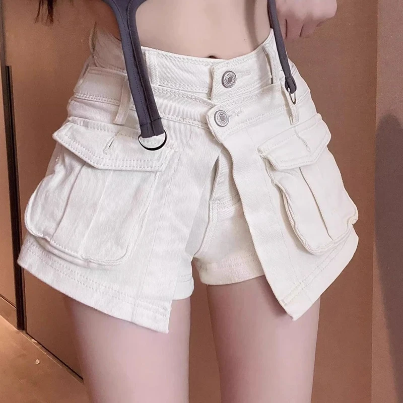 

spicy girl three-dimensional pocket workwear denim shorts 2024 summer new versatile washed high and slim hot pants