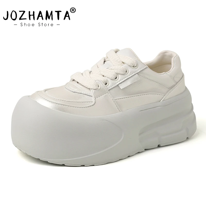 JOZHAMTA Size 35-40 Women Thick Heels Sneakers Real Leather Lace-Up Platform Shoes Ins Fashion Round Toe Tennis Daily Dress