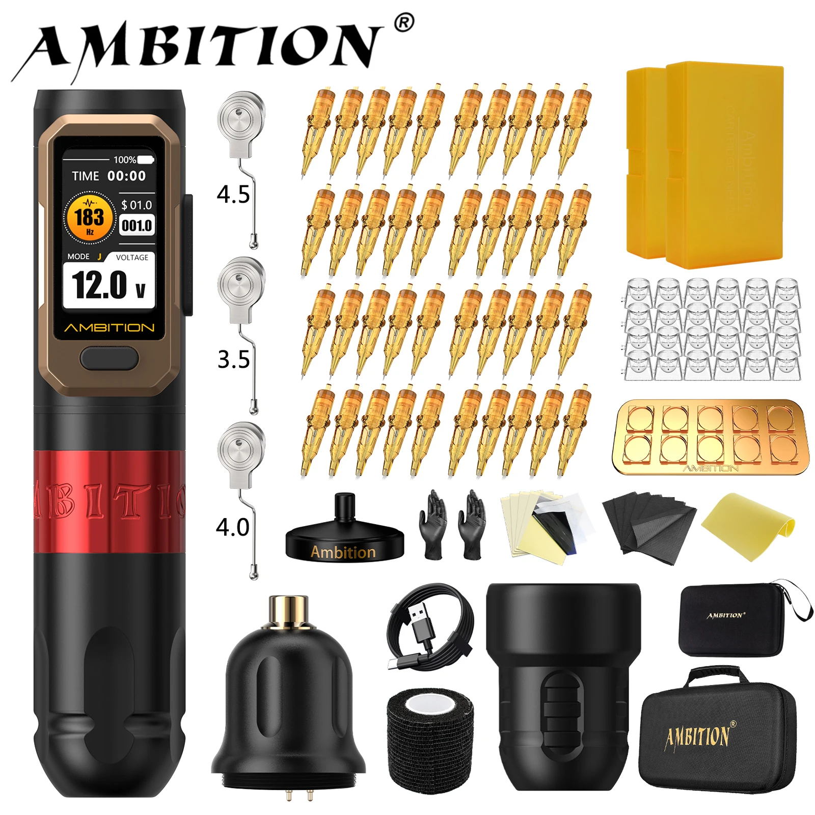 

Ambition Vibe Ultra Kit Бесщеточный двигатель Беспроводная тату-машинка 2,5-3,5-4,0-4,5 мм Ручка с ходом 1-12 В 2400 мАч Аккумулятор для выставления выставления счетов