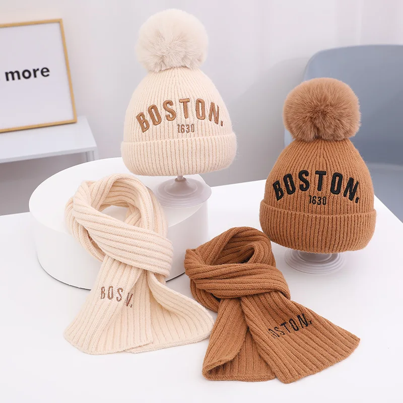 8 Colors Winter Fashion Letter Beanie Hat for Boys Girls Outdoor Warm Knitted Hat with Scarf Sets Kids Woolen Headwear Cap 3-8Y