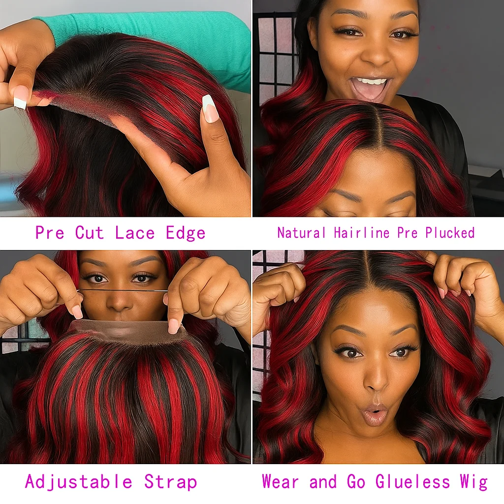 Parrucca per capelli anteriori in pizzo trasparente con densità 200% Rosso Nero dritto 5x5 Parrucche per capelli briziliani in pizzo frontale senza colla per le donne