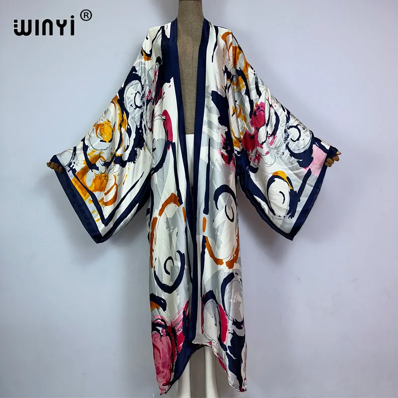 WINYI summer Bohemian Print Bikini Cover-ups Elegant fashion kimono Cardigan sexy Holiday long Sleeve silk feeling loose dress