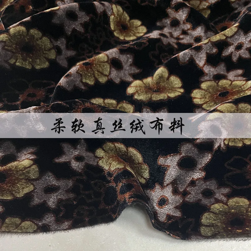 Designer Cloth Real Velvet Vintage Clothing Fabric Mixed Colors with Black Background SUNFLOWER Inkjet Silk Dress Cheongsam