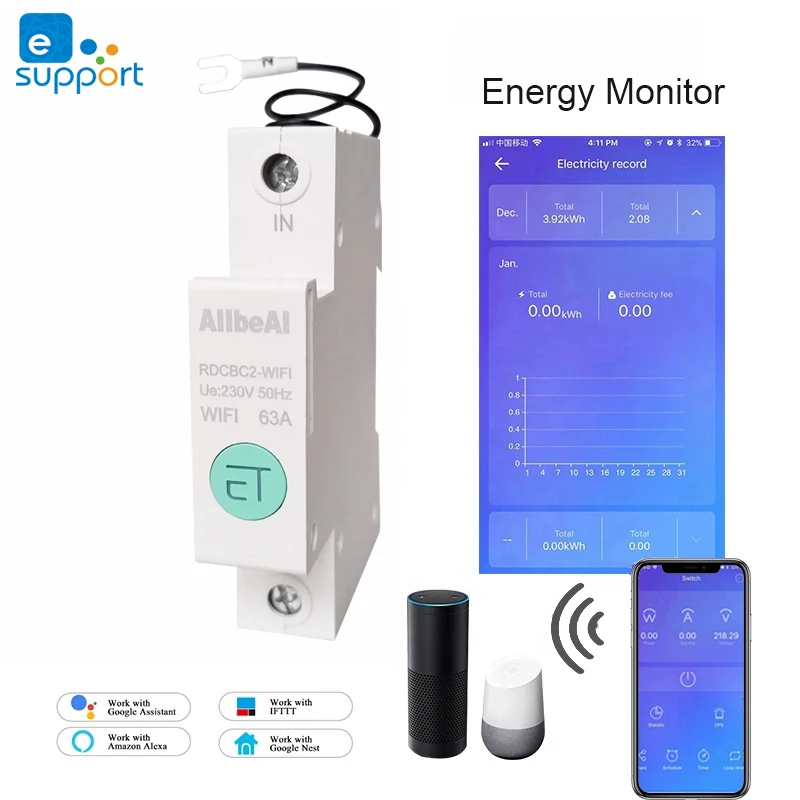 

Single 1 Phase eWeLink Wifi Smart Circuit Breaker Switch,Din Rail Power Consumption Energy Monitor,kWh Meter,Wattmeter,110V 220V