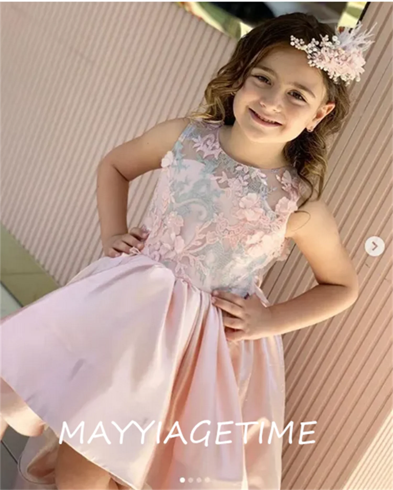 High Low Pink Flower Girls Dresses Crianças Aniversário Vestidos Lace Satin Princess Party Gowns Fotografia