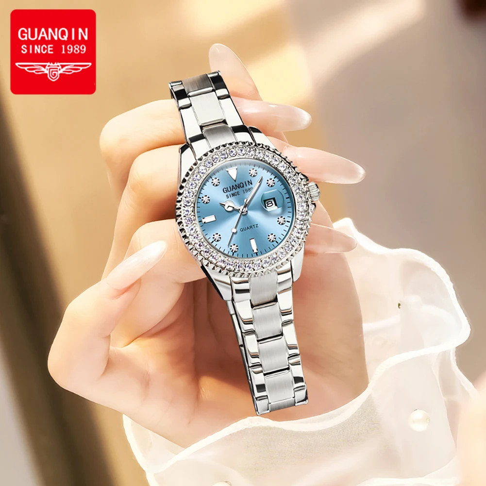GUANQIN Women Watches Trend Fashion Stainless Steel Original Brand Quartz Wristwatch for Lady Diamond Bezel Luminous Waterproof