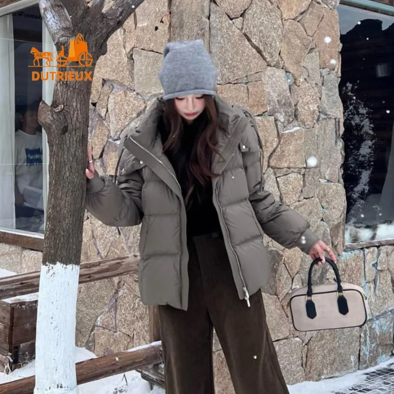 2025 inverno solto removível com capuz jaqueta de comprimento médio para mulher, 90% pato branco para baixo moda quente e casaco elegante para mulher