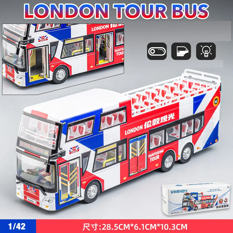 

Модель автобуса London со звуком и светом, открывающаяся дверь, пружинные поворотные резиновые шины, держатель для фигурки, материал из сплава, коллекционная игрушка