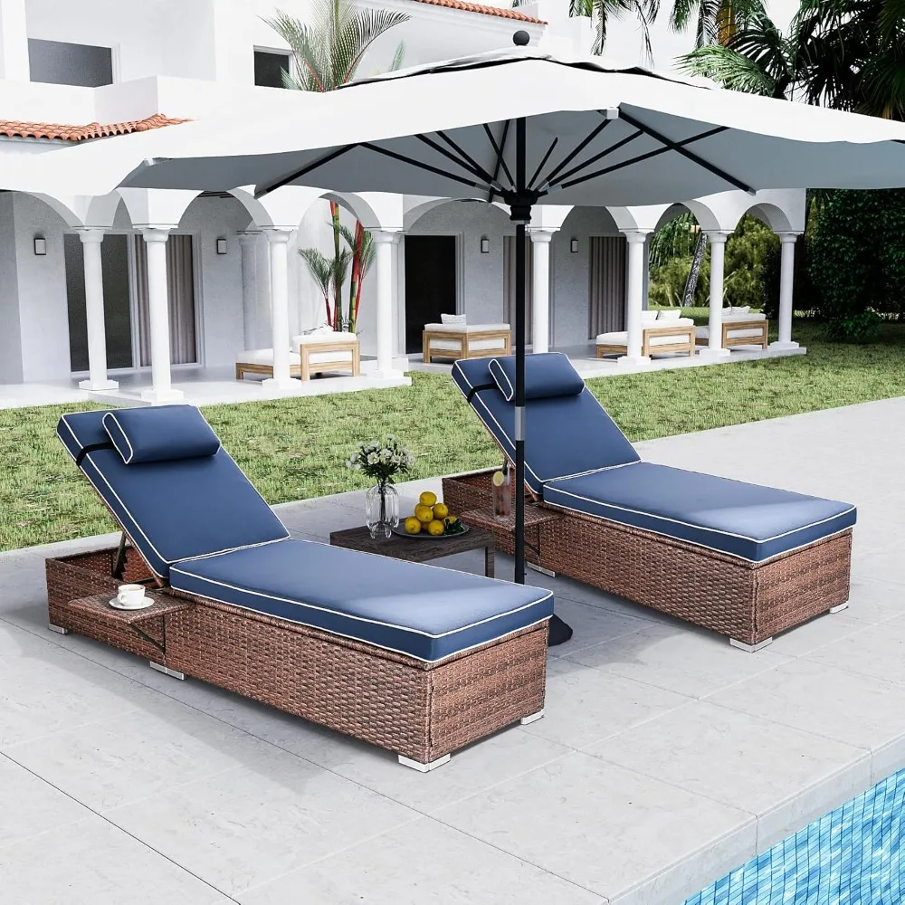 

Outdoor PE Wicker Patio Lounge Chairs Set of 2, Outside Rattan Pool Lounge Chair with Cup Holder & Adjustable Backrest, Brown R