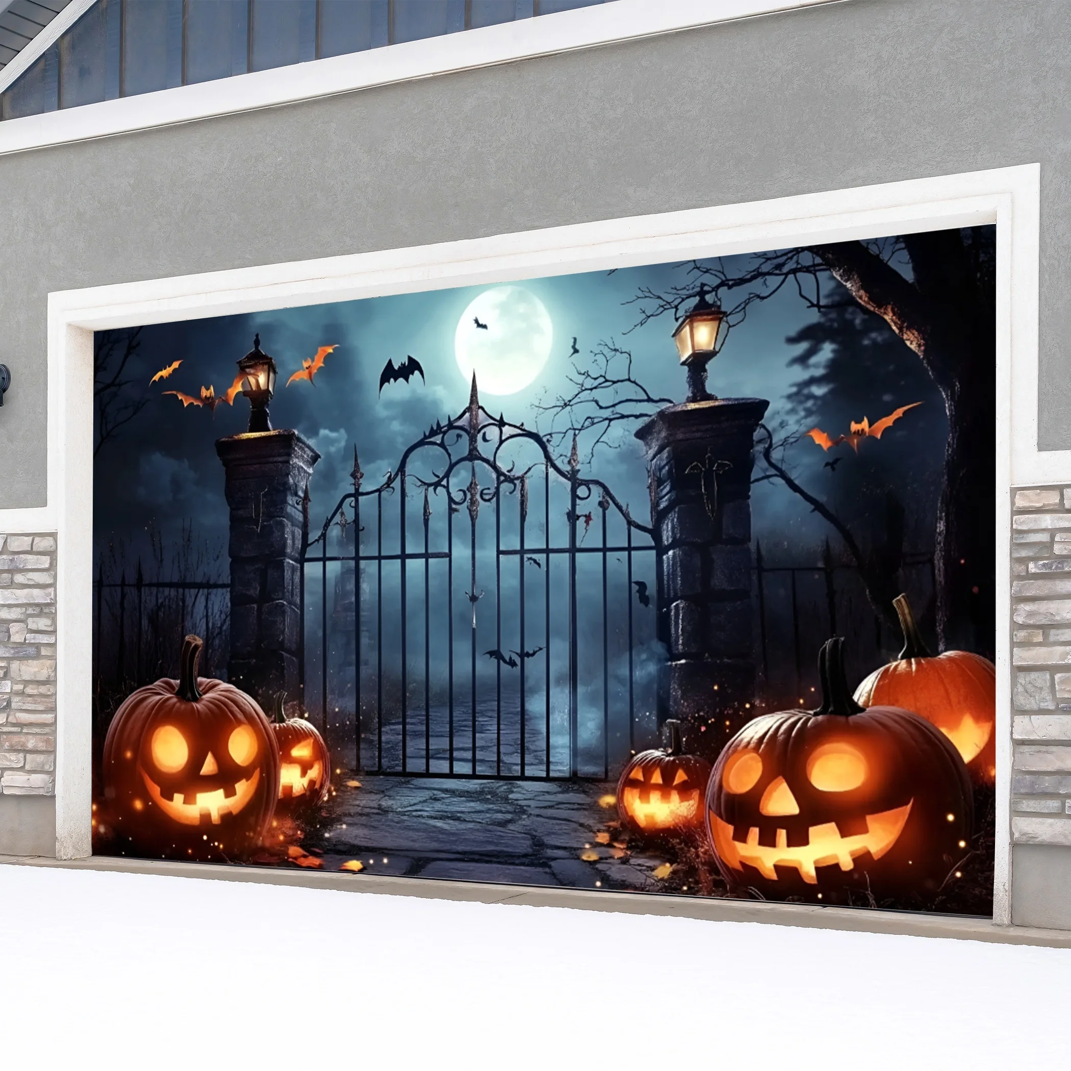 Halloween Pumpkin Night Outdoor Garage Door Tapestry - 18ft x 9ft Large Polyester Hanging Decoration for Villa, Warehouse & Part