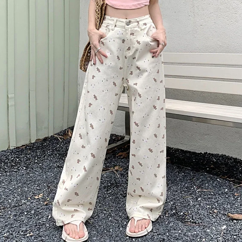 Woman New High Waist Korean Harajuku Wide Leg Jeans Female Fashion Cutecore Pants Girls Y2k Streetwear Pink White Denim Trousers