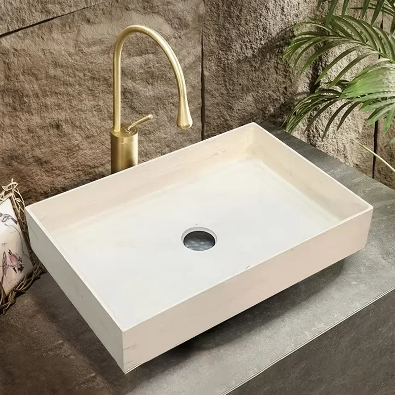 Striking Thick Rim Rectangular Countertop Sink Solid Natural Marble Flat Front Bowl Villa Restroom Vanity Basin