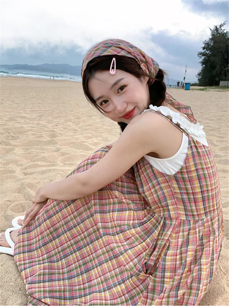 المرأة عادية بلا أكمام المتضخم السباغيتي فستان بحزام 2025 شاطئ حفلة شيك فضفاض فستان الشمس الصيف اليابان نمط فستان منقوش