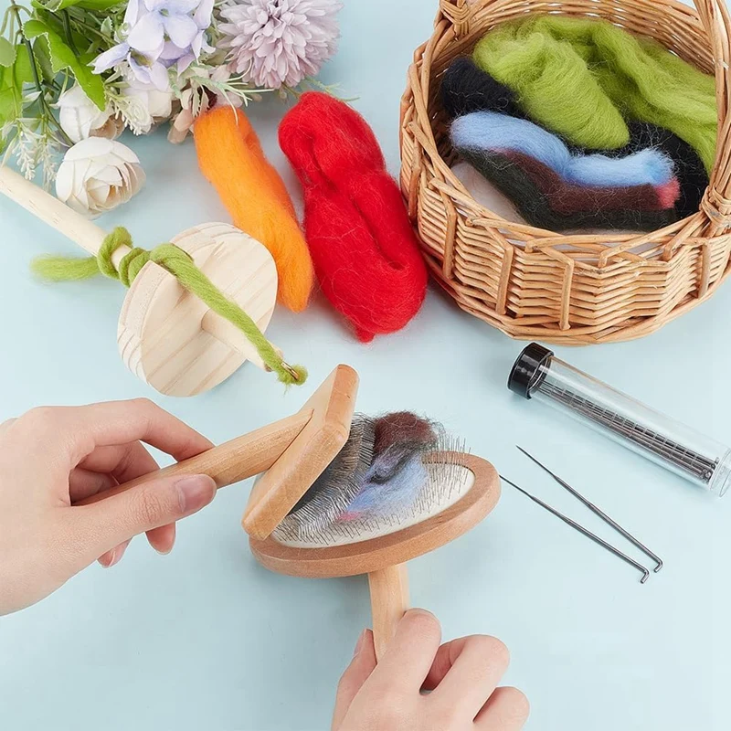 4Pcs Wooden Wool Carder,Slicker Brush Wood Spinning-Tool Felting Tool Kit With 12Pcs Craft Wool Needle For Yarn Blending