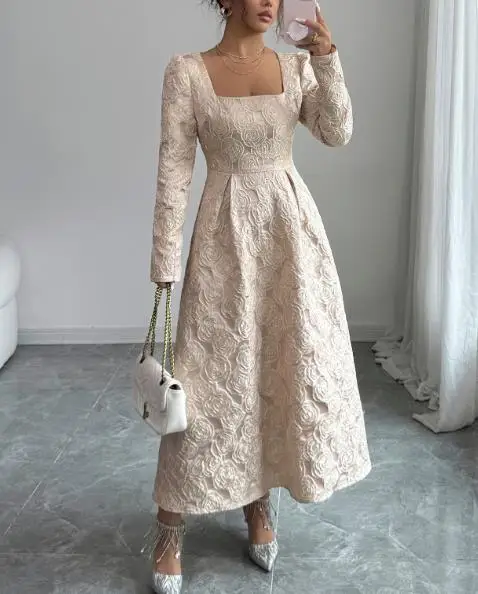 

Women's Dress 2025 Autumn and Winter Hot Selling Elegant Style Square Neck Long Sleeved A-Line Long Skirt Dress for Women's Wear