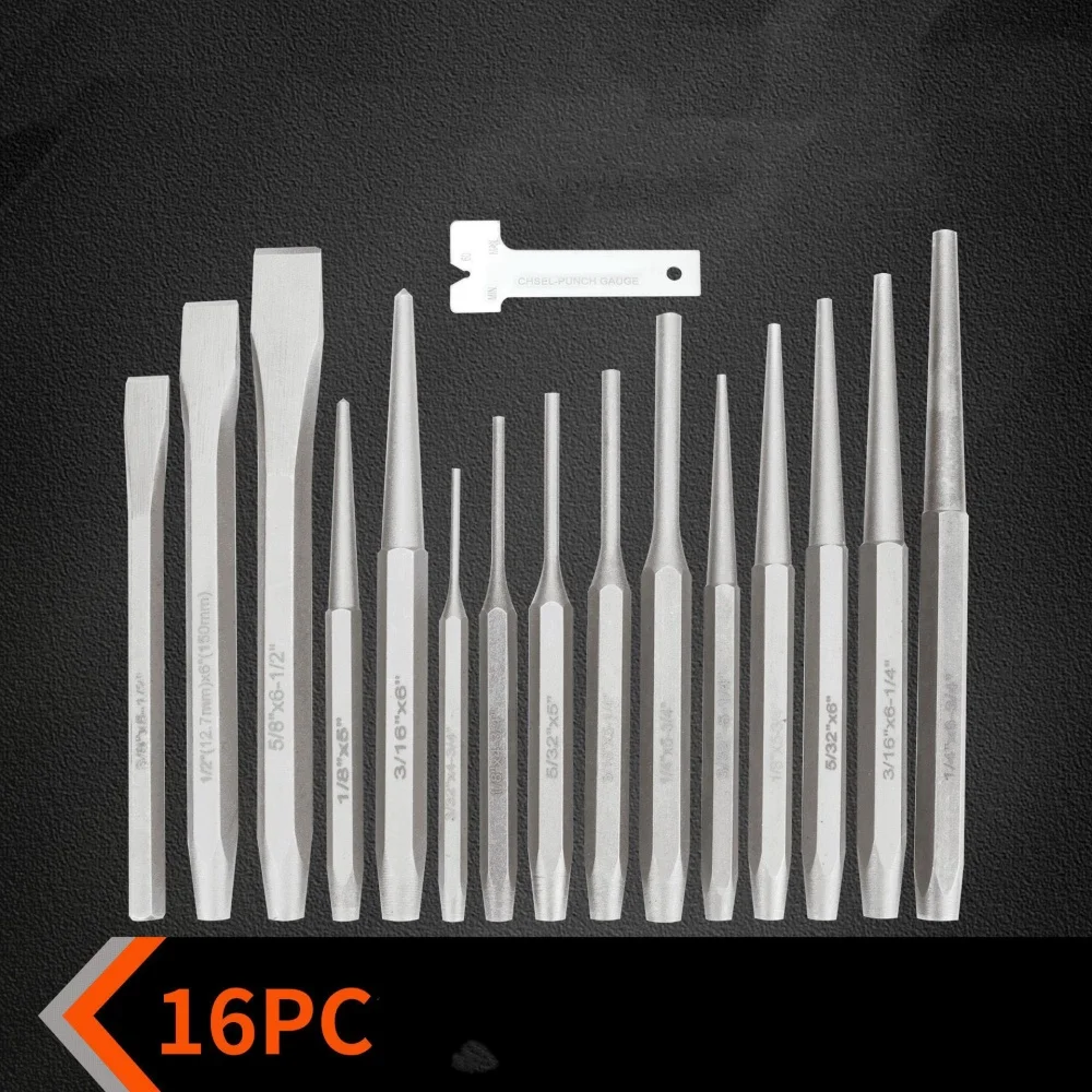 16Pcs Punch and Chisel Set, CR-V Steel Taper Punch, Pin Punch, Center Punch, Cold Chisel Kit, Hand Metal Working Repair Tools