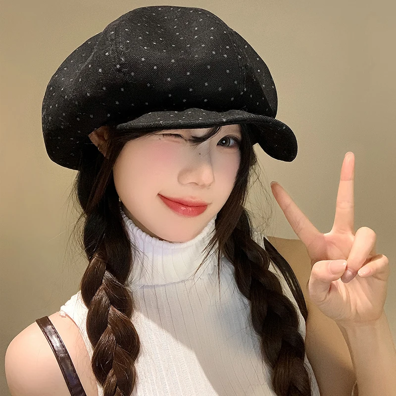 

Spring and Autumn Niche Five-pointed Star Printing Black Beret Women's Versatile Large Version Trendy Short-brimmed Newsboy Cap