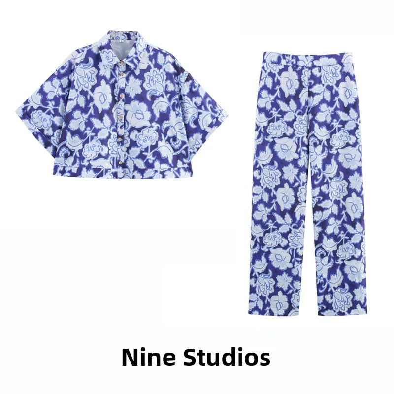 

NINE ZA Women's Floral Print ort irt Casual Long Pants Set Spring 2025 Two-Piece Suit Button Closure Casual Wear