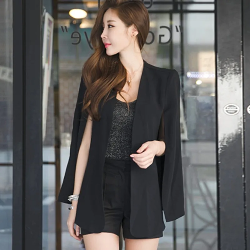 

Pop Fashion Spring Black Cape Coat Vintage V-Neck Split Cloak Cape Jacket Female OL Office Workwear Outerwear