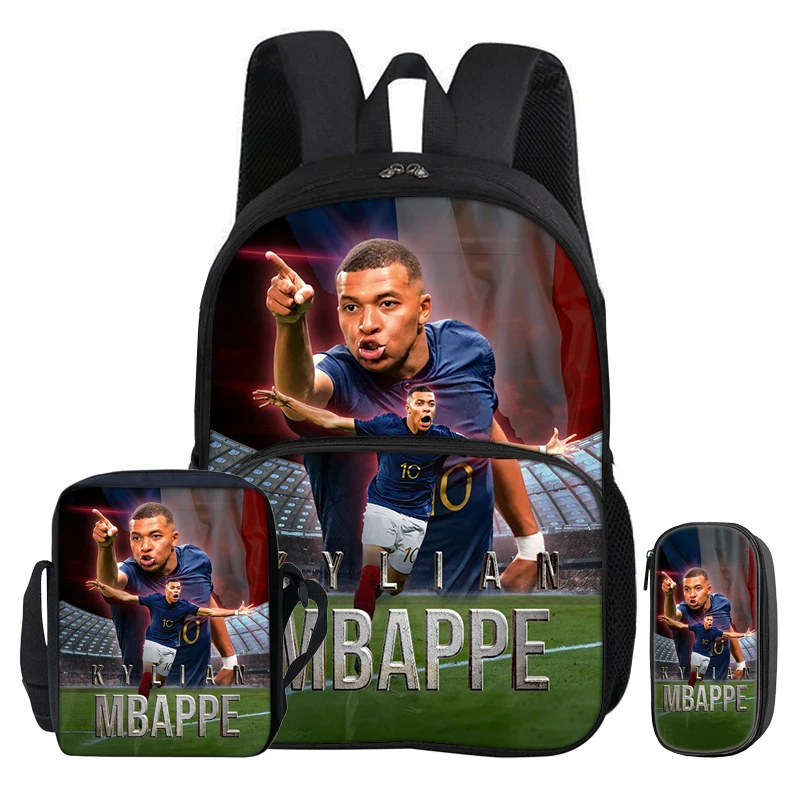 M-Mbappe 3Pcs set with Front Pocket Backpack Football Sports Shoulder Bags Football Star Pencil Bag Student School Bags Rucksack