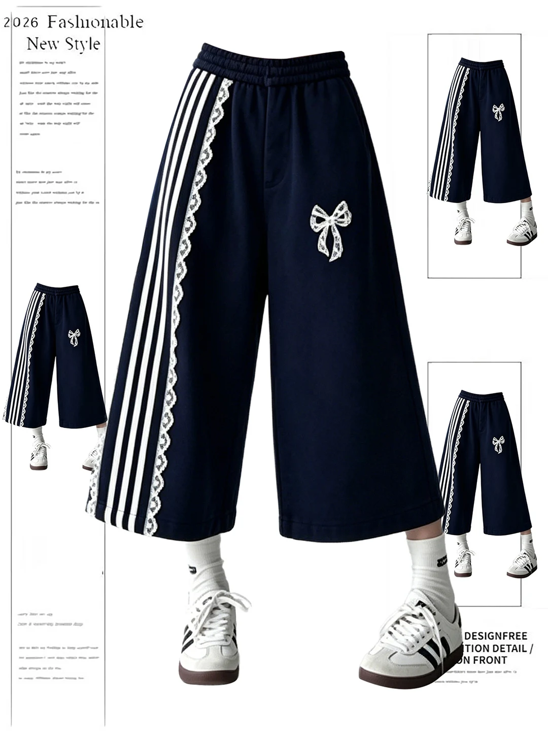 

Retro American Lace Splicing Dark Blue Casual Sports Women's Seven-Foot Pants Summer New Straight Leg Sweatpants Shorts