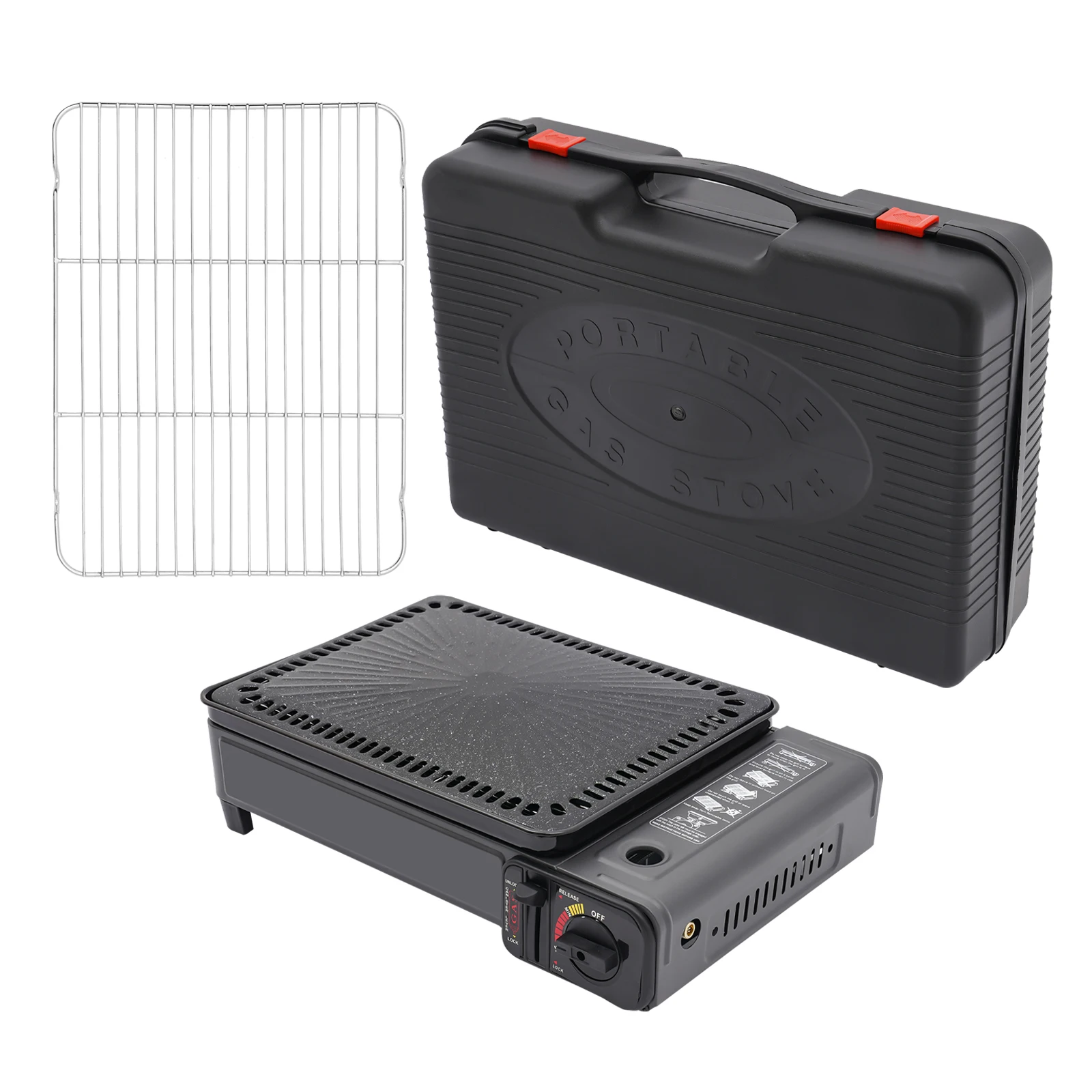 Barbecue à gaz portable, réchaud extérieur double combustible avec réservoir GPL et adaptateur pour cartouche de butane, cuisinière de camping à chaleur réglable pour le voyage, le trekking et les pique-niques, ensemble barbecue complet avec bac à huile et étui de rangement