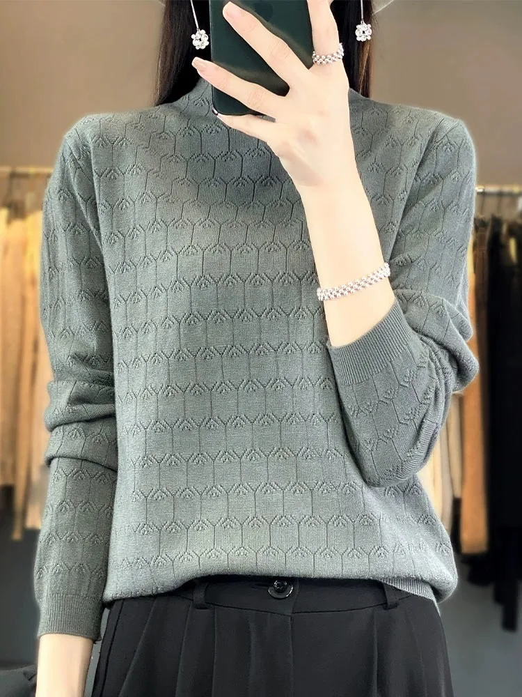 Jesienno-zimowy nowy sweter damski z luźnej dzianiny wełnianej, z wysokim kołnierzem, dzianina typu camere, bazowa odzież z ażurowym wzorem.