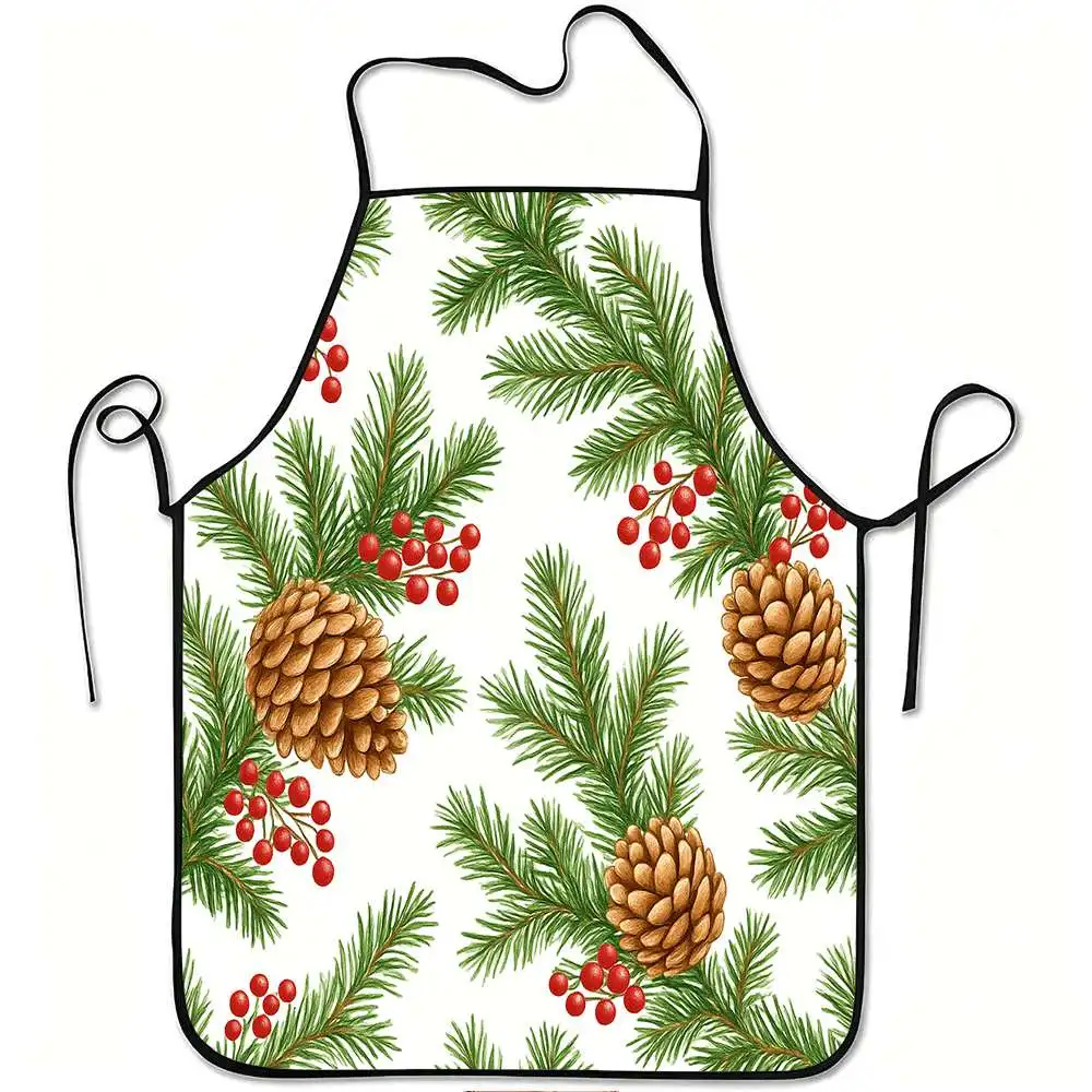 1pc Apron Featuring a Christmas Design with Pine Cones And Red Berries, Made from Durable And Easy-To-Clean Polyester, Adjustabl