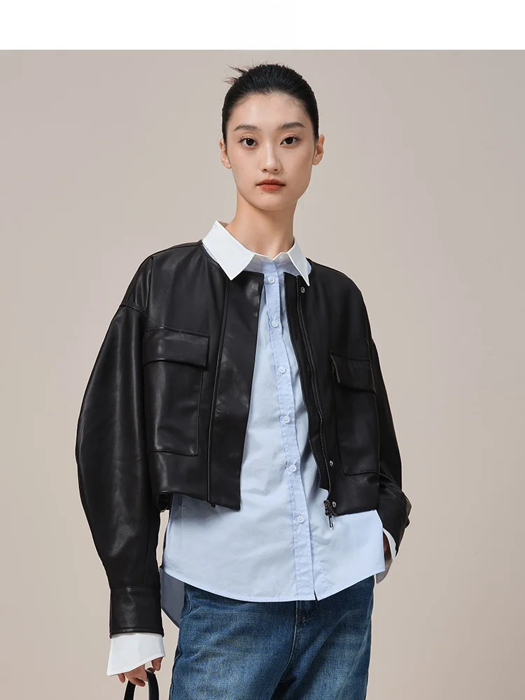 

JINNAN Retro Briti Sle ort Leather Jaet Женское нагрудное пальто из искусственной кожи Верхняя одежда для поездок на работу Sle Zipper Sve