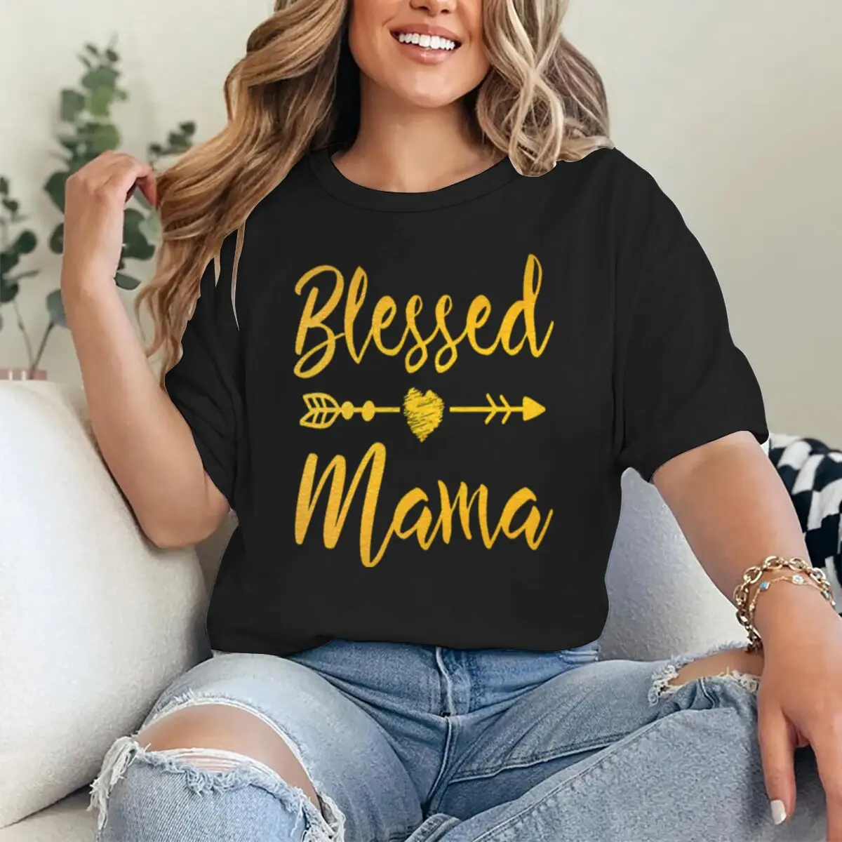 Blessed Mama T-shirts Vintage Golden Letter Mother's Day Design Tshirts For Women Short Sleeve Fashion Mom Life T Shirts