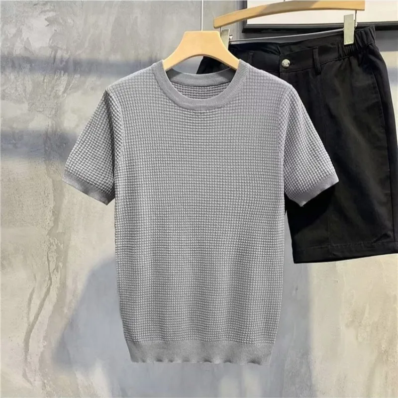 Summer new slim-fit thin knitted sweater short-sleeved business T-shirt trendy crew neck striped