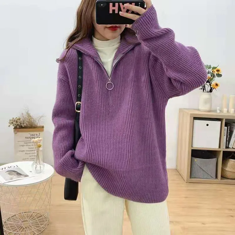 Half Zip High Neck Pullover Sweater for Women in Autumn and Winter, Loose Collar, Outer Knitted Sweater