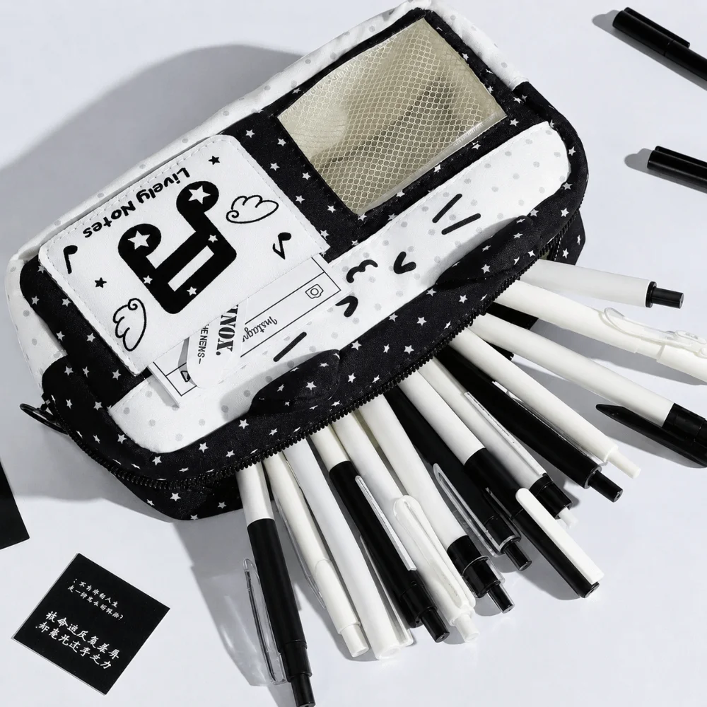 Cat Ear Design Pencil Case with Clear Window Multi Compartment Pencil Pouch Large Capacity Music Note Star Print Stationery Bag