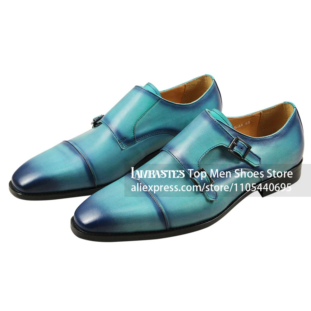 Teal Blue Patina Cap Toe Men Dress Shoes Gradient Turquoise Double Monk Strap Dress Shoes Retro Hand Rubbed Two-tone Monk Shoes