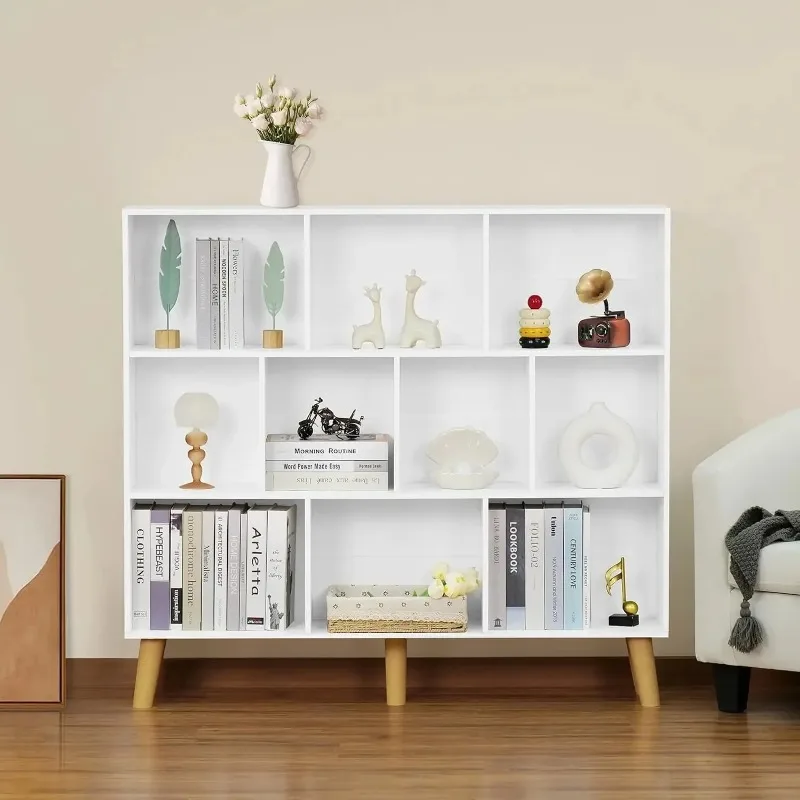 

10 Cube Modern Minimalist White Bookshelf 3 Tier Wood Bookcase with Legs Open Book Shelves Storage Organizer bookshelf furniture