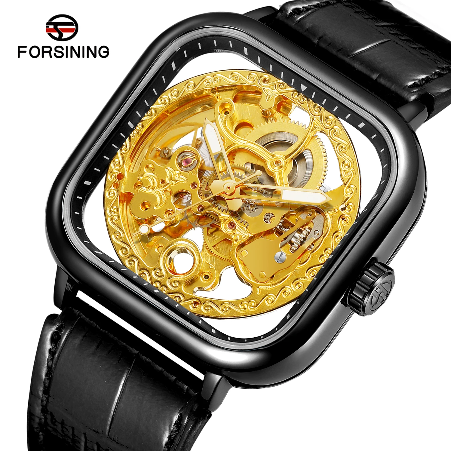 Forsining gravado caso quadrado relógios masculinos esqueleto automático mecânico luminoso mãos preto pulseira de couro genuíno homem relógio