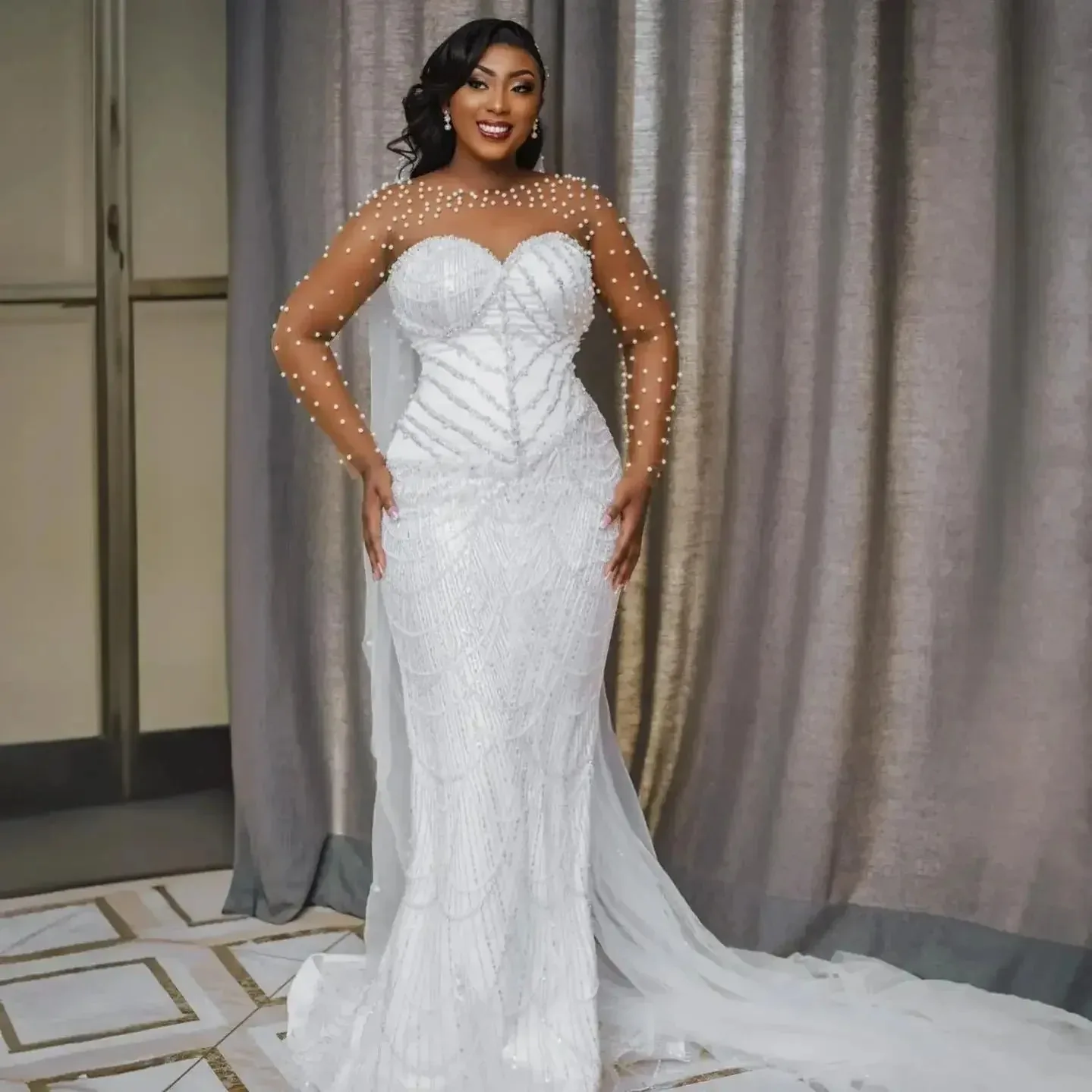 

Индивидуальное свадебное платье 2026 года с блестящими жемчужными пайетками для невесты, роскошное свадебное платье с длинными рукавами и иллюзией прозрачности