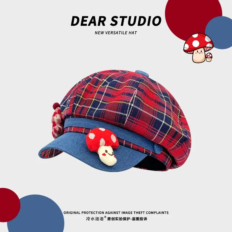 Japanese Cute Cartoon Mushroom Decorative Denim Plaid Splicing Berets Spring and Autumn Casual Women Octagonal Newsboy Cap