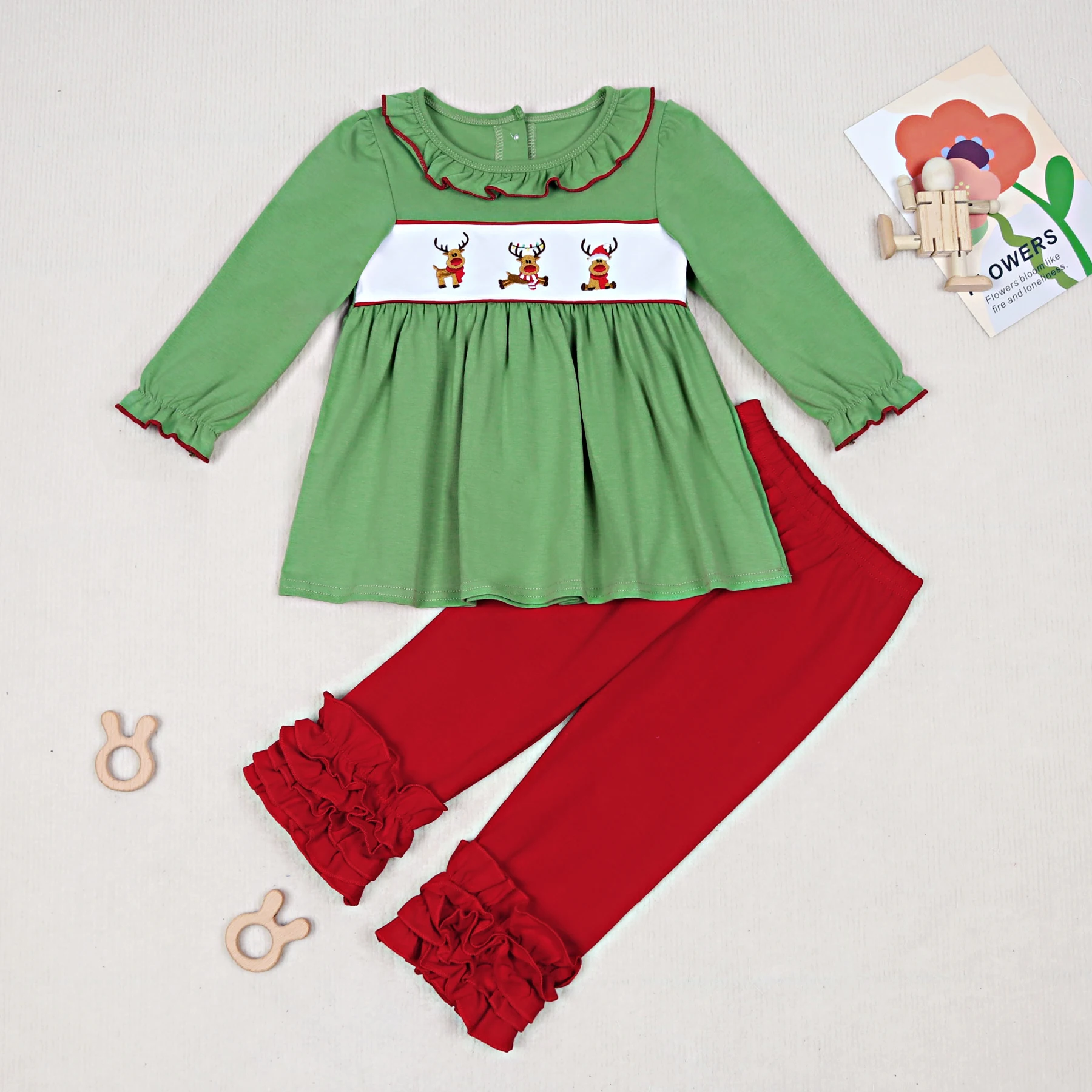 New Christmas Ropa Fall Season Long Sleeve Round Neck Dress Deer Printing Girl Green Top T-shit Red Pants Romper Boy Clothes