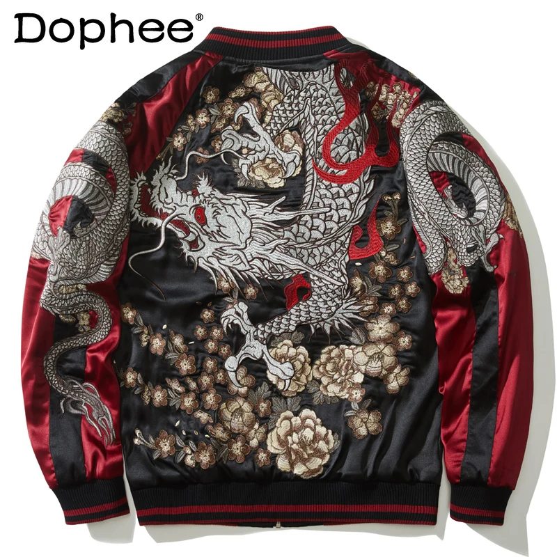 

Spring Autumn Hengsuhe Dragon Embroidery Baseball Collar Jacket Men's Personality Double-Sided Wear Chinese Style Casual Coats