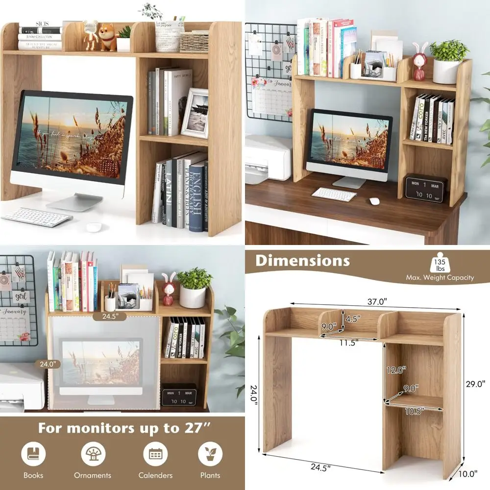 

Multipurpose Wooden 5-Shelf Countertop Storage Hutch for Computer Desk, 3-Tier Display Rack with Ample Space for Books and Acces